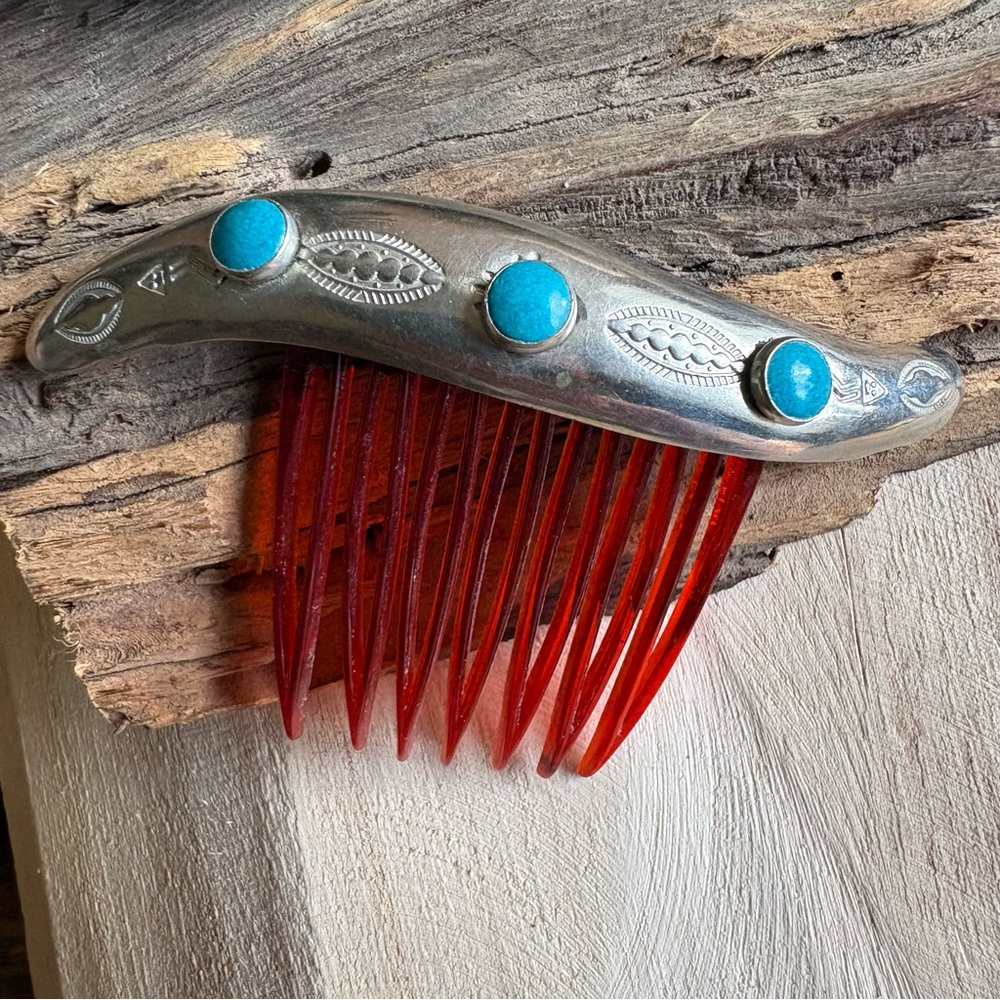 Vintage Navajo Sterling Silver & Turquoise Hair Comb - Picture 2 of 9